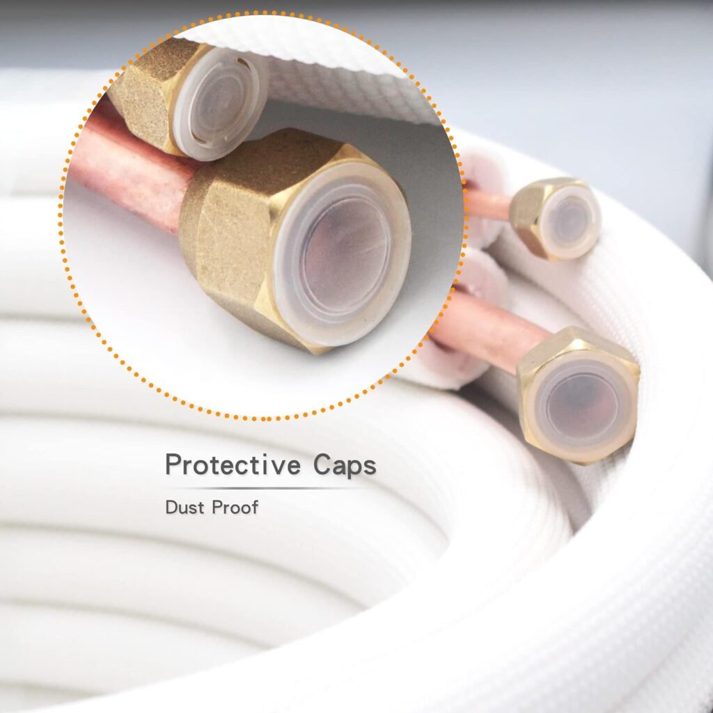 50ft Length Mini Split Line Set,1/4 3/8 OD Copper Pipes Tubing and 3/8 White PE Thickened Insulated Coil with Flared Nuts for Mini Split Air Conditioner HVAC or Heat Pump System. (50Ft(1/4+3/8))