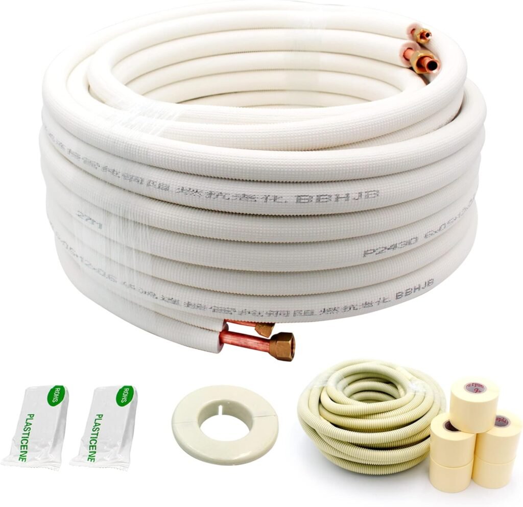 50ft Length Mini Split Line Set,1/4 3/8 OD Copper Pipes Tubing and 3/8 White PE Thickened Insulated Coil with Flared Nuts for Mini Split Air Conditioner HVAC or Heat Pump System. (50Ft(1/4+3/8))