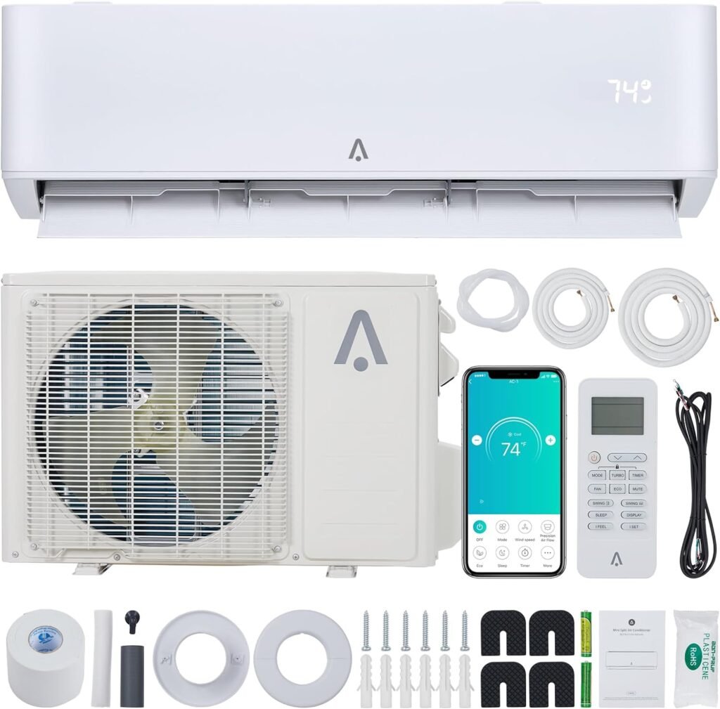 9,000 BTU Mini Split AC/Heating System, 23 SEER Split-System Air Conditioners Inverter, Cools Rooms up to 450 Sq. Ft, Wall Mount Ductless Mini Split A/C Heat Pump with 16.4 ft Installation Kits