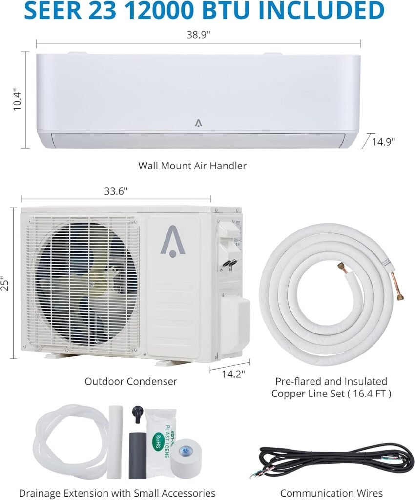 9,000 BTU Mini Split AC/Heating System, 23 SEER Split-System Air Conditioners Inverter, Cools Rooms up to 450 Sq. Ft, Wall Mount Ductless Mini Split A/C Heat Pump with 16.4 ft Installation Kits