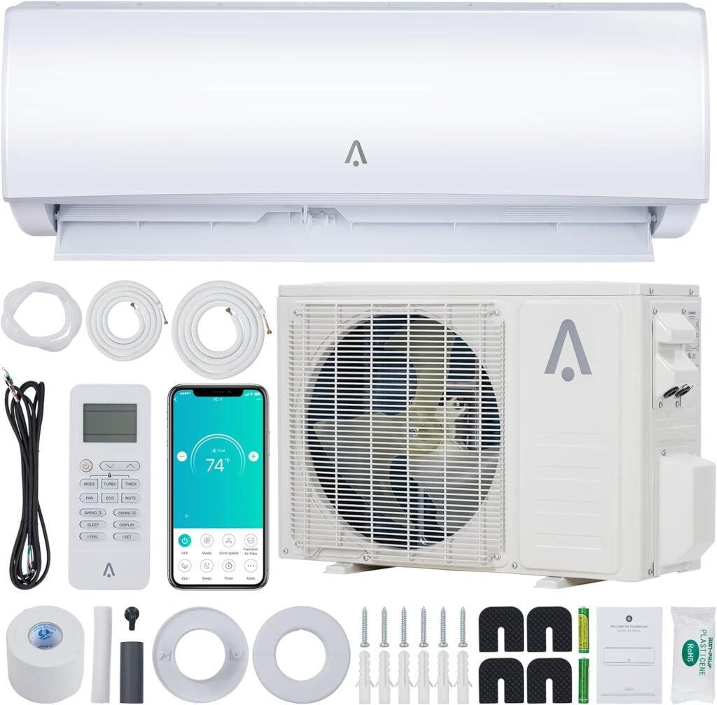 ACONEE 12000 BTU Smart Mini Split AC/Heating System 19 SEER Split Inverter Air Conditioner, Cools Rooms up to 750 Sq. Ft, with Pre-Charged Heat Pump  Installation Kit, 115V