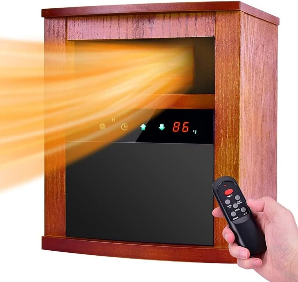 Air Choice Electric Space Heater, 1500W Infrared Heater w/ 3 Heating Mode, Thermostat, Remote Control  12h Timer, Small Portable Room Heaters for Indoor Use, Bedroom, Office, Living Room, Dark Walnut