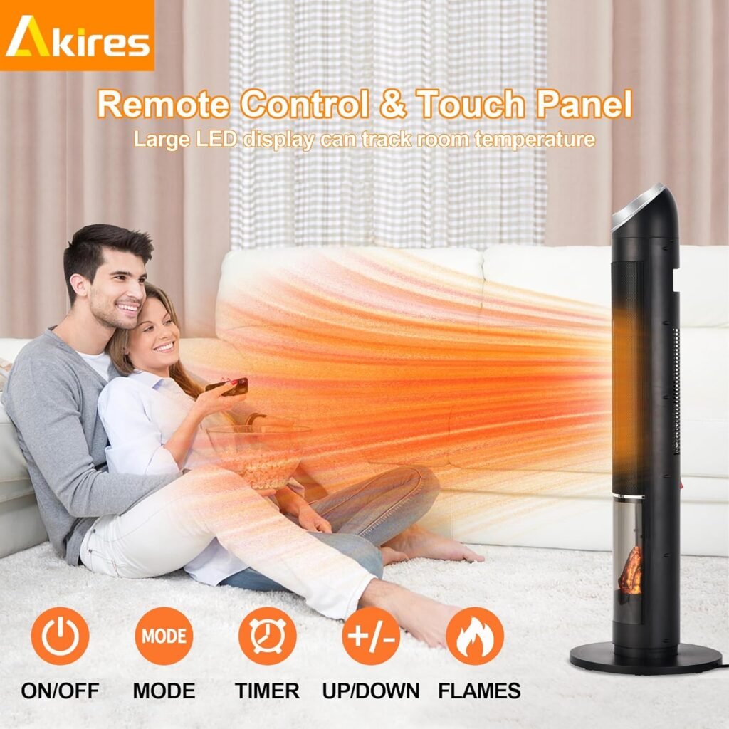 AKIRES 38”Portable Space Heater,70° Oscillating Ceramic Heater,1500W Floor Electric Fireplace Heater with Remote,Thermostat,24H Timer,Tower Heater for Large Room,Bedroom,Office,Garage,Indoor Use