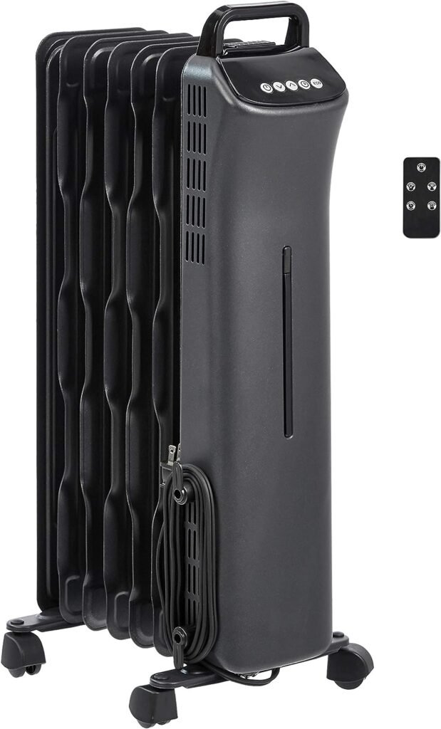 Amazon Basics Portable Digital Radiator Heater with 7 Wavy Fins and Remote Control, Black, 1500W, 9.8 x 26.5 x 13.1 in