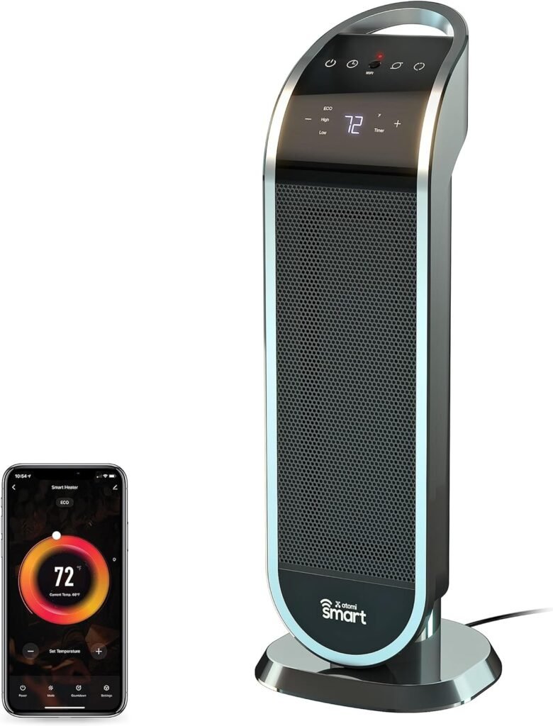 atomi smart 25 WiFi Portable Tower Space Heater - 2nd Gen, 1500W, Oscillating, 750 Sq. Ft. Coverage, Works with Alexa  Google Assistant, Beeping Sound Removed