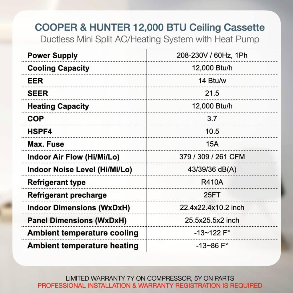 Cooper  Hunter 12,000 BTU Ceiling Cassette Ductless Mini Split AC/Heating System with Heat Pump Wall Thermostat and Installation Kit