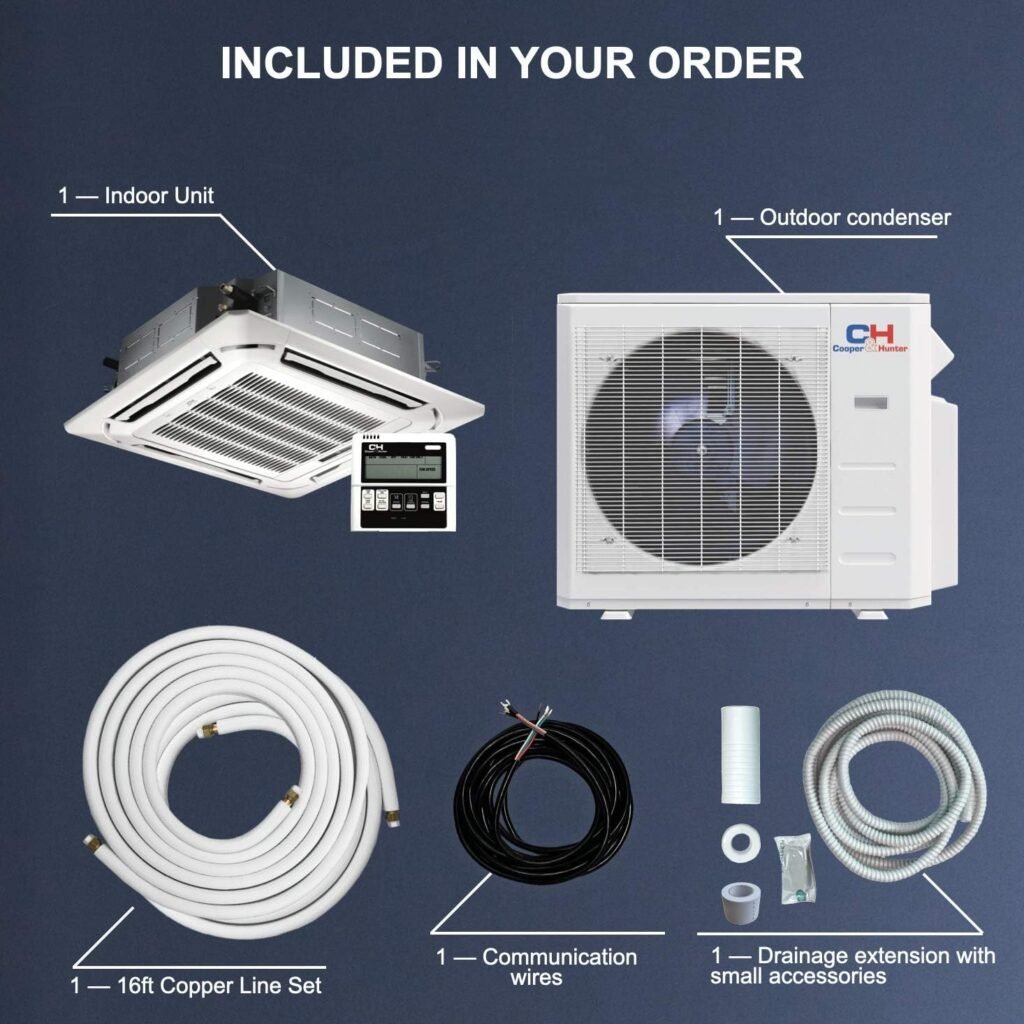 Cooper  Hunter 18,000 BTU Ceiling Cassette Ductless Mini Split AC/Heating System with Heat Pump Wall Thermostat and Installation Kit