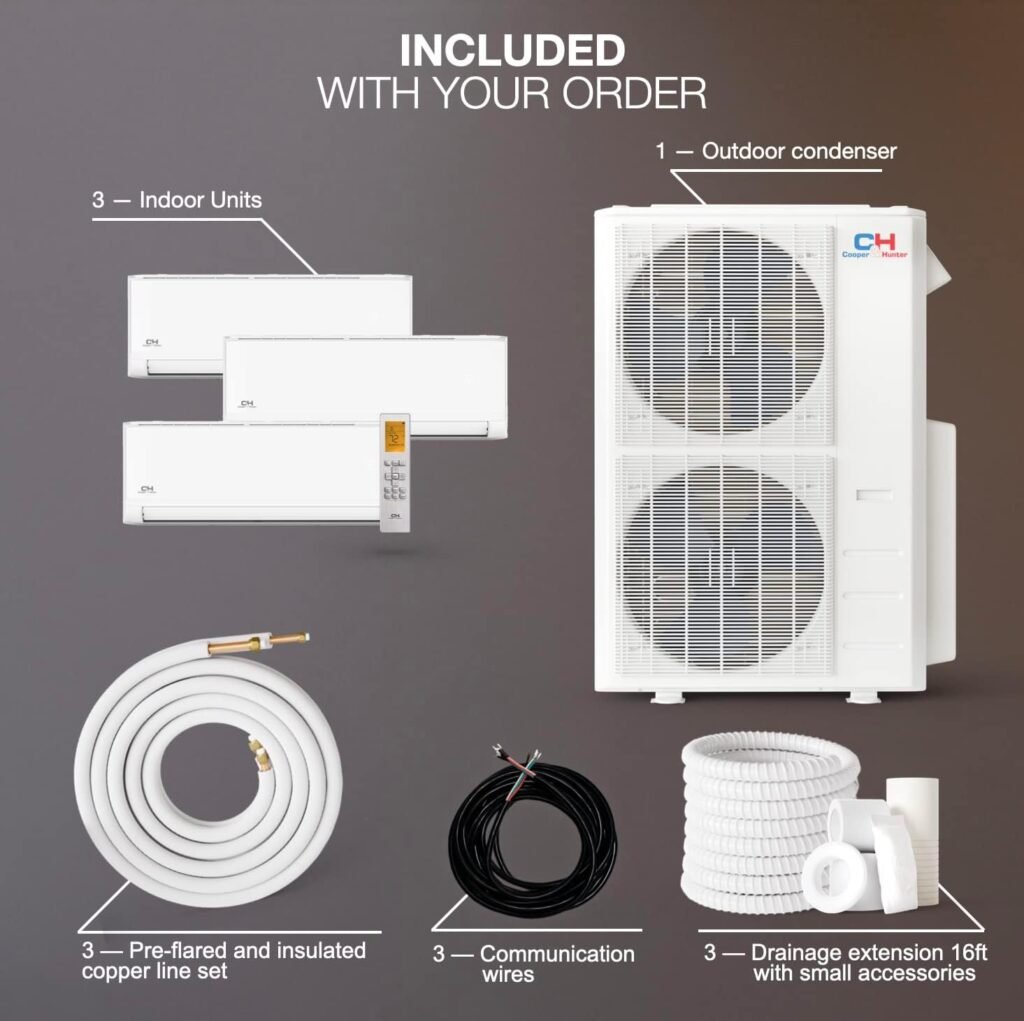 Cooper  Hunter 28,000 BTU Tri 3 Zone 9,000 + 12,000 + 12,000 BTU, 24.6 SEER2, 230V, Multi Zone Wall Mount Ductless Mini Split Air Conditioner Heat Pump Full Set with 25ft Installation Kits