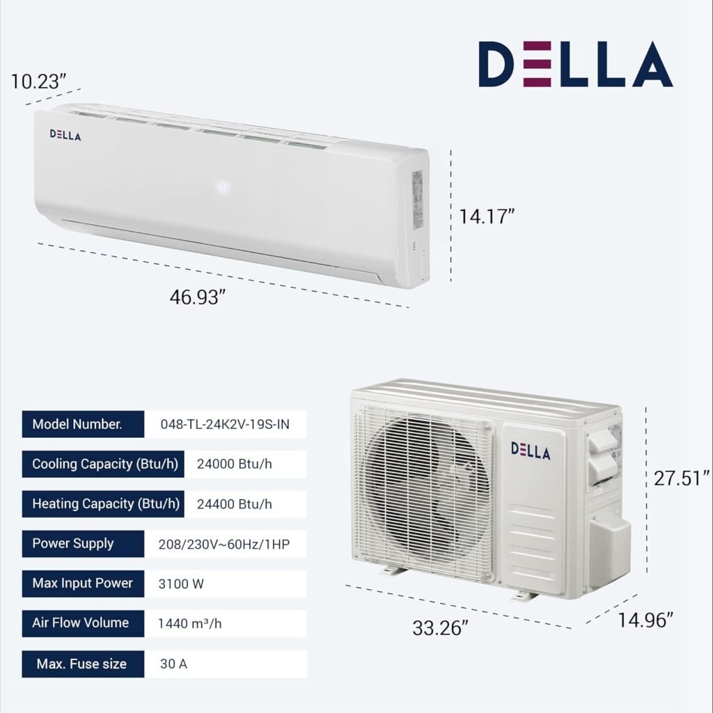 DELLA 18000 BTU Wifi Enabled 19 SEER2 Cools Up to 1000 Sq.Ft Energy Efficient Mini Split Air Conditioner  Heater Ductless Inverter System with 1.5 Ton Heat Pump Pre-Charged  16.4ft Installation Kits