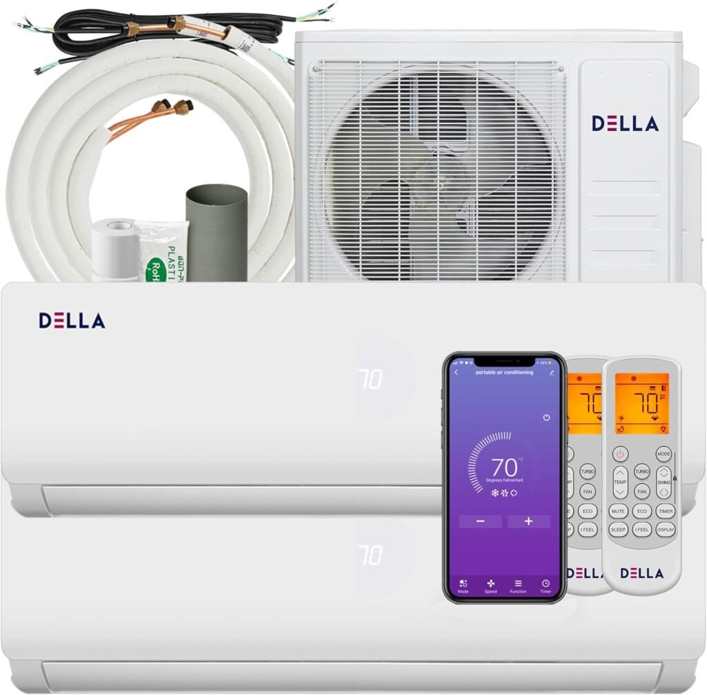 DELLA 18K BTU ODU 2 Dual Zone 9000 9000 BTU 19 SEER2 208-230V Cools Up to 800 Sq.Ft Wifi Multi Zone Ductless Pre-Charged Mini Split Air Conditioner Heat Pump Full Set with 16ft Installation Kits