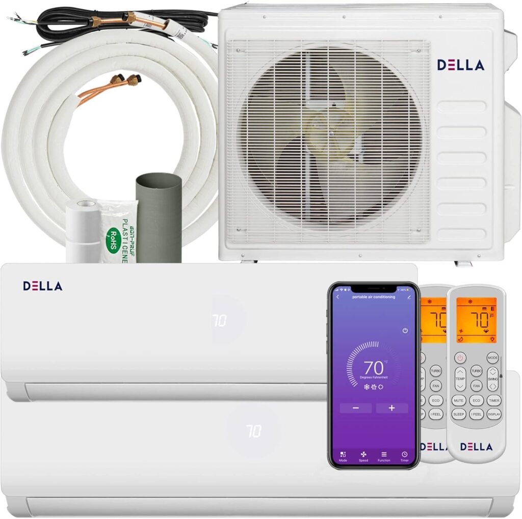 DELLA 27K BTU ODU 2 Dual Zone 12000 18000 BTU 19 SEER2 208-230V Cools Up to 1550 Sq.Ft Wifi Multi Zone Ductless Pre-Charged Mini Split Air Conditioner Heat Pump Full Set with 16ft Installation Kits