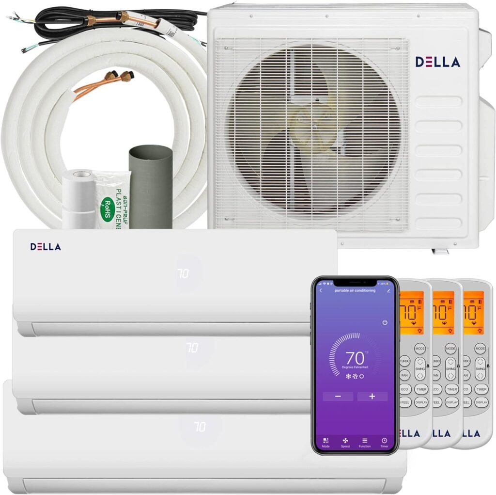 Della 27K BTU ODU Tri 3 Zone 9K 9K 18K BTU 19 SEER2 208-230V Cools Up to 1800 Sq.Ft Wifi Energy Efficient Multi Zone Ductless Mini Split Air Conditioner Pre-Charged Heat Pump Full Set