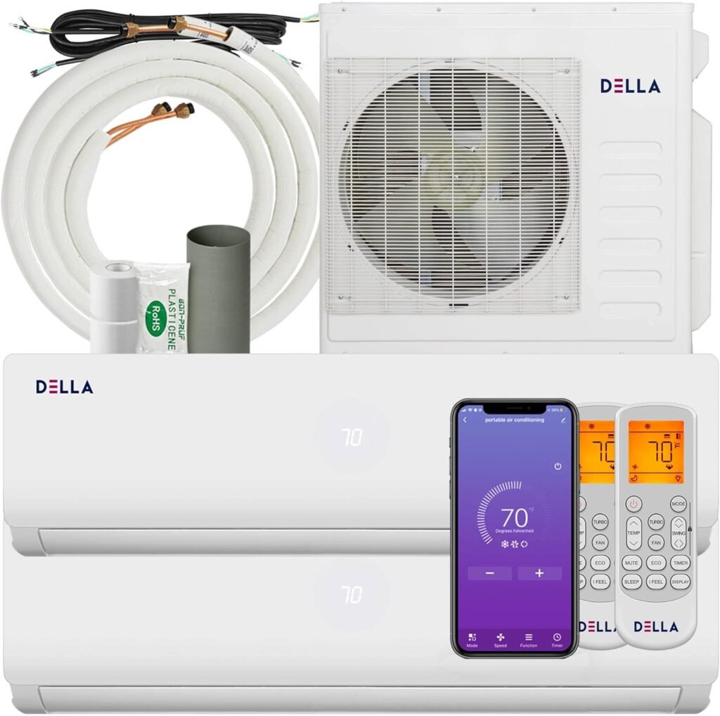 DELLA 36K BTU ODU 2 Dual Zone 18000 18000 BTU 19 SEER2 208-230V Cools Up to 2000 Sq.Ft Wifi Multi Zone Ductless Pre-Charged Mini Split Air Conditioner Heat Pump Full Set with 16ft Installation Kits