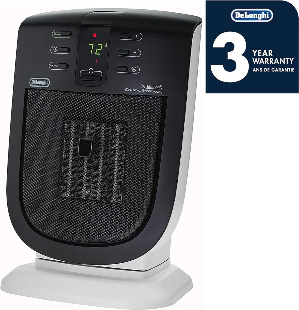 DeLonghi Space Heater, 1500W ceramic electric space heater for indoor use, offers fast heating for bedroom office/desk, quiet technology, washable dust filter, thermostat, fan only option, DCH5915ER