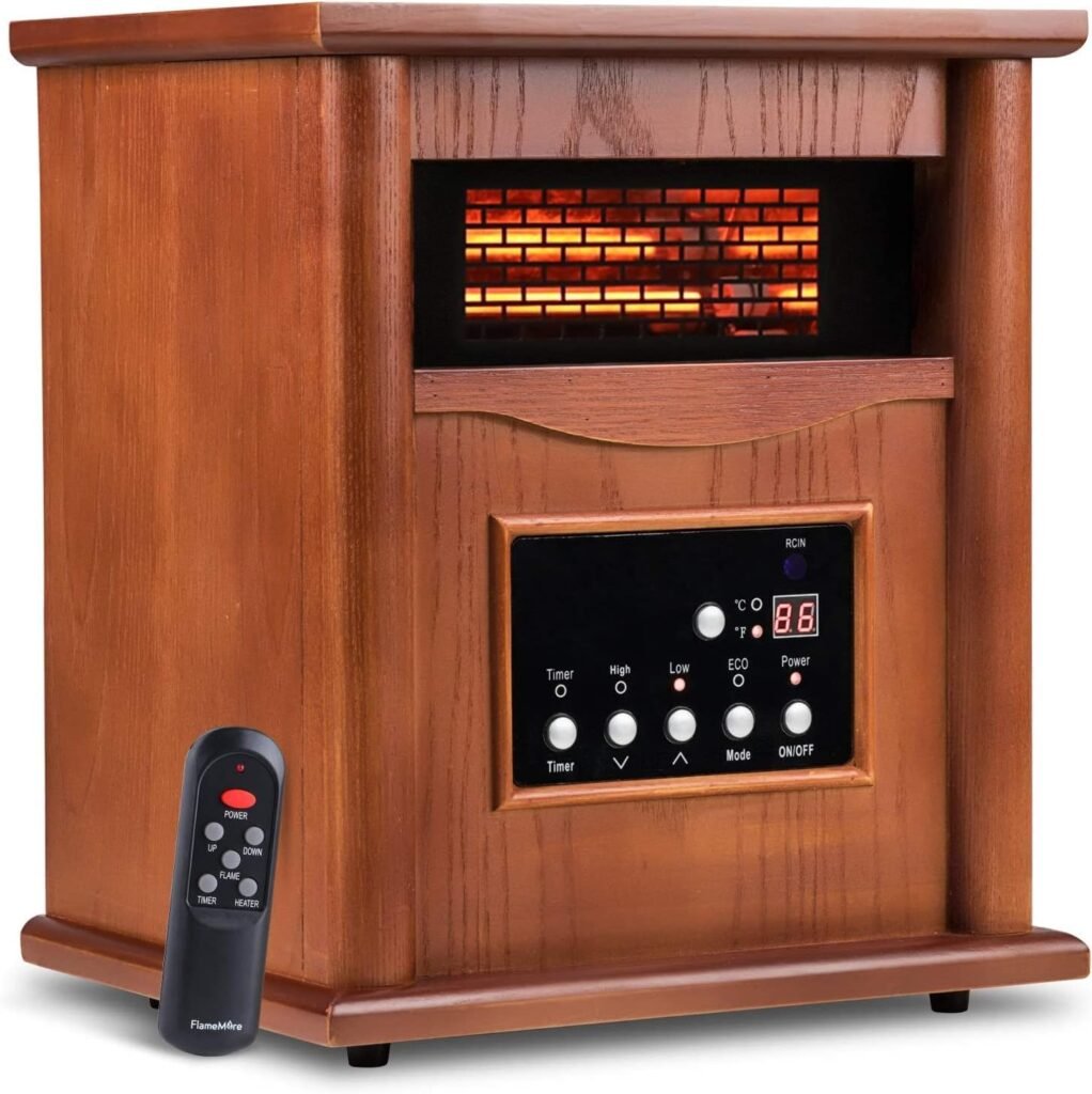 Electric Infrared Quartz Heater Deluxe Wood Cabinet with LED Digital Screen, Remote Control and Timer, Tip-Over  Overheat Protection, Quiet Space Heater for Indoor Use…