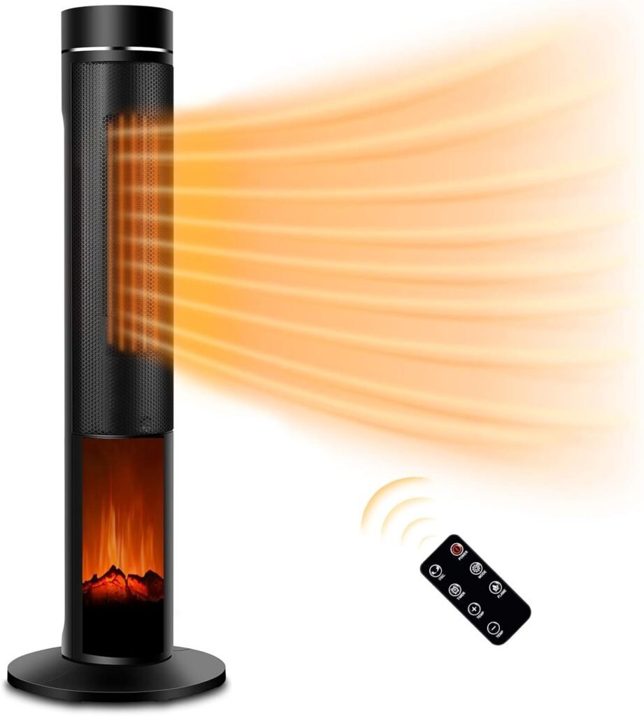 Electric Space Heater for Large Room - 36 Ceramic Tower Space Heater for Room Heating w/Thermostat, Fast Heating, 3D Realistic Flame, Oscillating, Remote Control, Ideal for Home/Livingroom