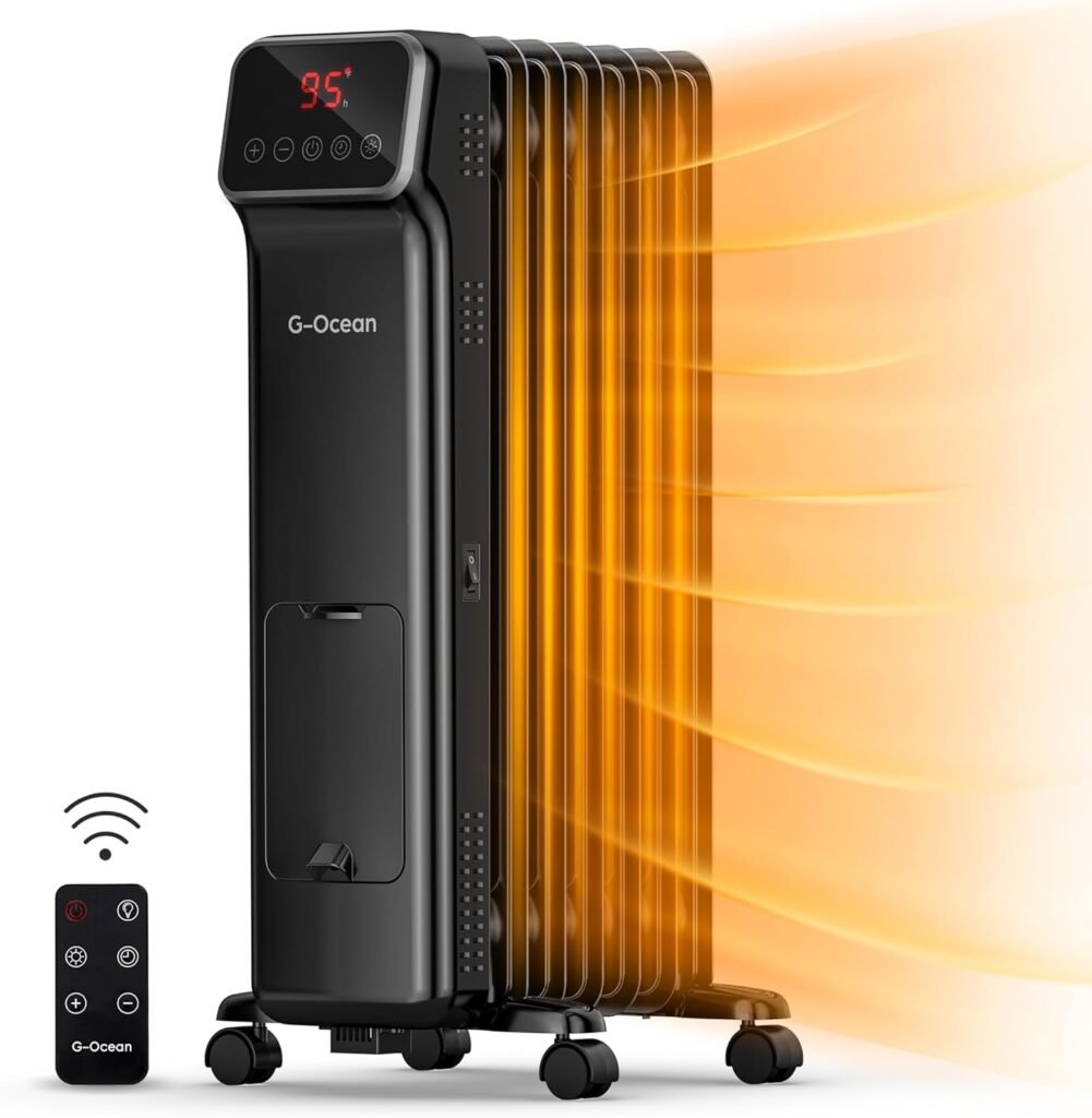 G-Ocean Oil Filled Radiator Heater, 1500W Electric Space Heaters for Indoor Use Large Room, 24.2H Quiet Radiant Heater with Remote, Digital Thermostat, 3 Modes, 24H Timer, Overheat Tip-Over Safety