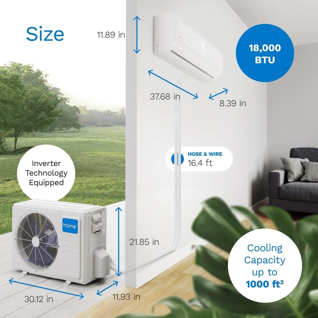 hOmeLabs Split Type Inverter Air Conditioner with Heat Function — 9,000 BTU 230V — Low Noise, Multimode Air Conditioning with a Washable Filter, Stealth LED Display, and Backlit Remote Control