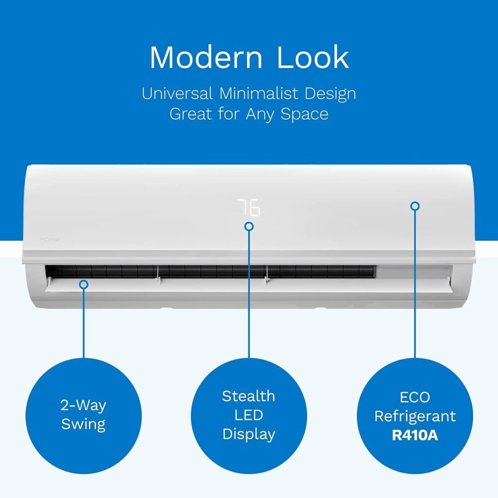 hOmeLabs Split Type Inverter Air Conditioner with Heat Function — 9,000 BTU 230V — Low Noise, Multimode Air Conditioning with a Washable Filter, Stealth LED Display, and Backlit Remote Control