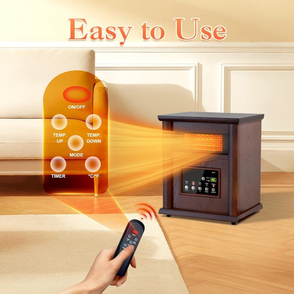 Lifeplus 1500W Electric Infrared Space Heater, Quartz Heater for Indoor Use, Tip-Over  Overheat Protection with Remote Control, 3 Heat Settings, 12H Timer for Large Room Basement Heating