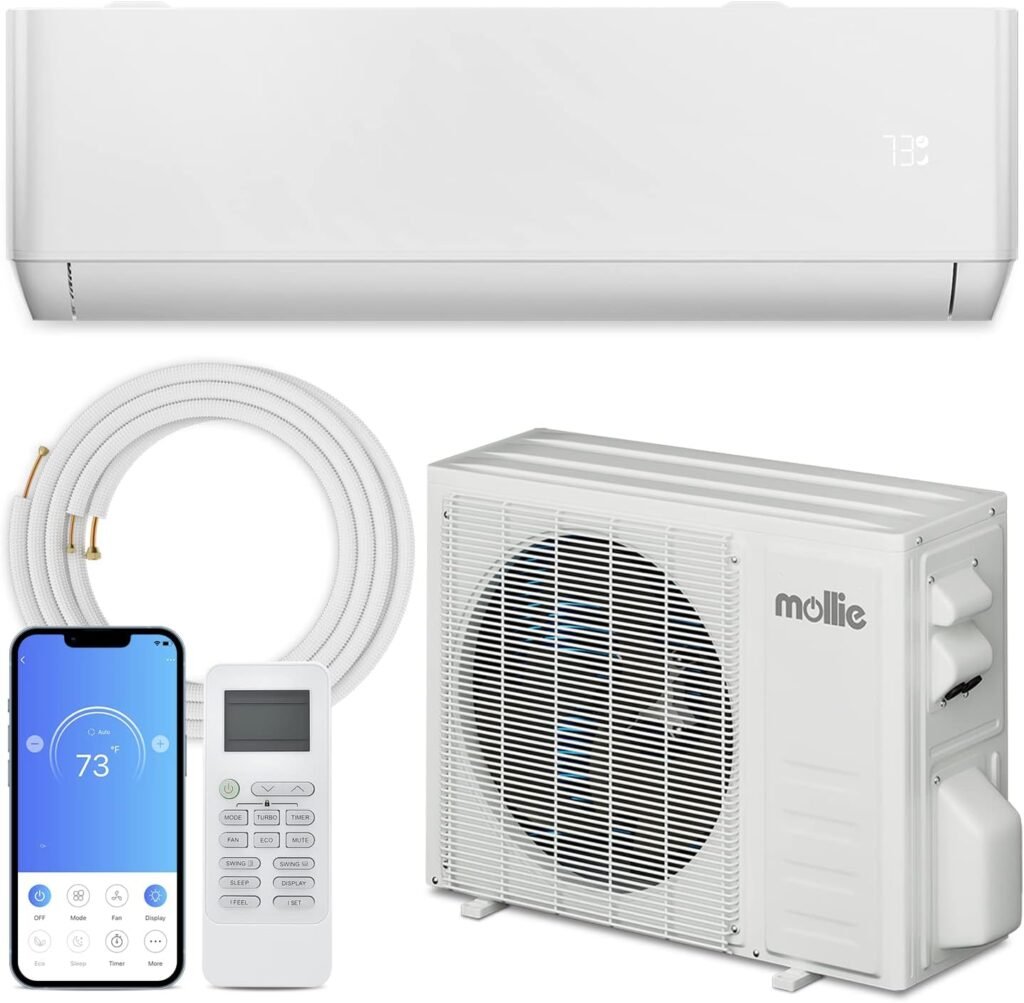 mollie 18,000 BTU Split Air Conditioner, 21.5 SEER, 208/230V Split-System AC w/Heat Pump, Wifi Remote Control, Washable Filter, Installation Kit, Cools Up to 1000 Sq. Ft.