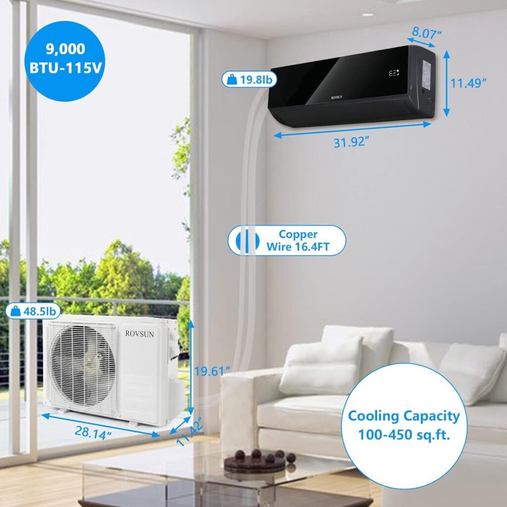 ROVSUN Wifi Enabled 9,000 BTU Mini Split AC/Heating System with Inverter, 19 SEER 115V Energy Saving Ductless Split-System Air Conditioner with Pre-Charged Condenser, Heat Pump  Installation Kit (Black Series)