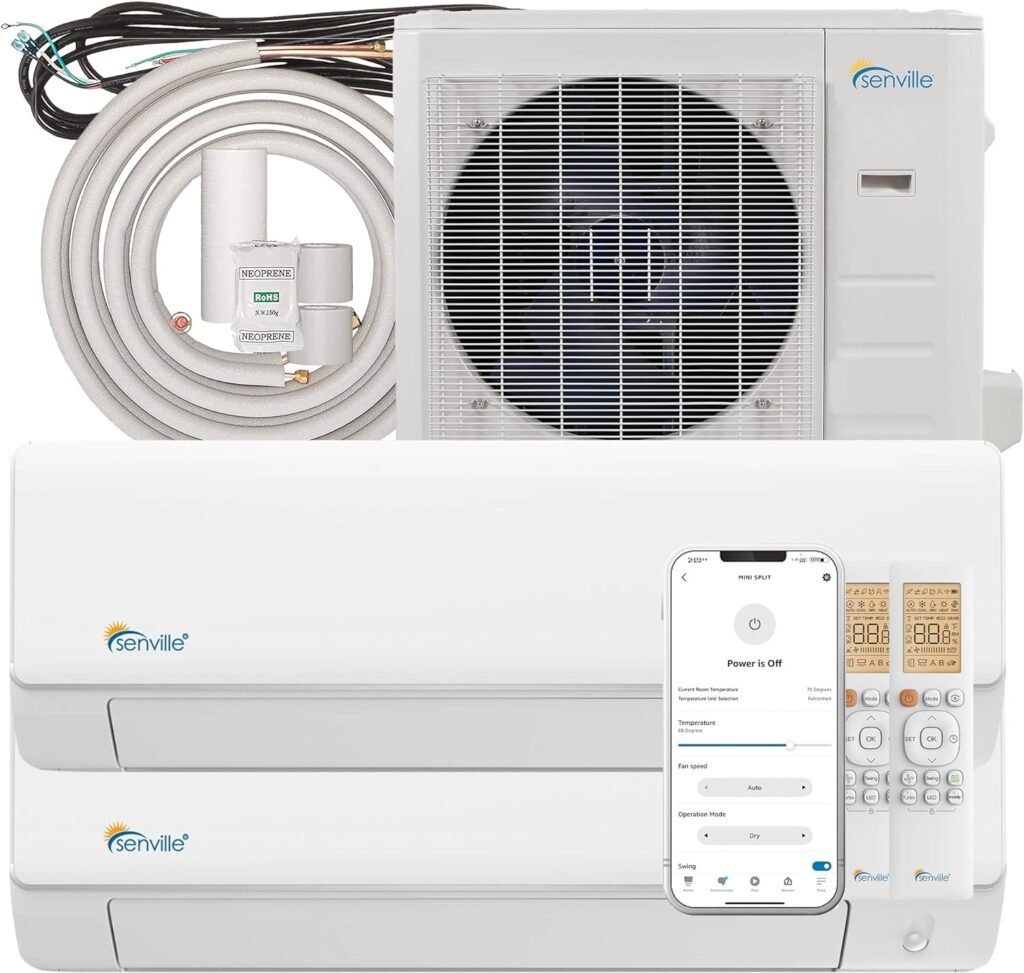 Senville SENA-30HF/D Dual Zone Mini Split Air Conditioner Heat Pump, 28000 BTU, Works with Alexa, White