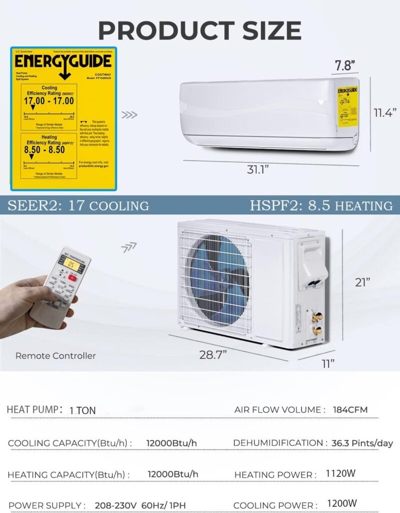 SIMOE 12000 BTU Mini Split AC Energy Efficient Air Conditioner  Heating System with Inverter, 17 SEER2 208-230V Wall-mounted AC with 1 Ton Heat Pump, Ductless AC Cools Up to 750 Sq.Ft