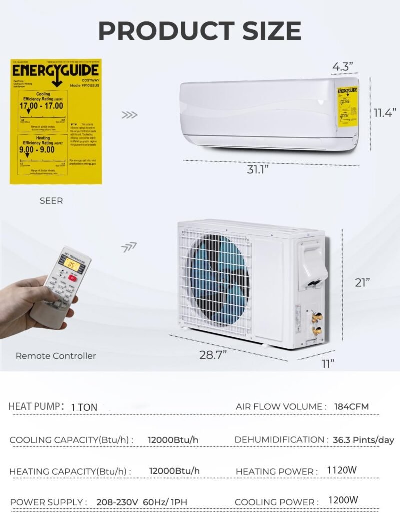 SIMOE 12000BTU Mini Split Air Conditioner and Heater, Wall-mounted AC Unit with 1 Ton Heat Pump  Ductless Inverter System with Installation Kit, Energy Efficient, 208-230V 17 SEER2