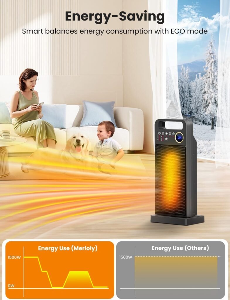 Space Heaters for Indoor Use, Merloly Portable Heater 1500W PTC Ceramic Heater with Thermostat, 80° Oscillating, 5 Modes, 12H Timer, Safety Protection, Electric Heater for Indoor Use, Bedroom, Office