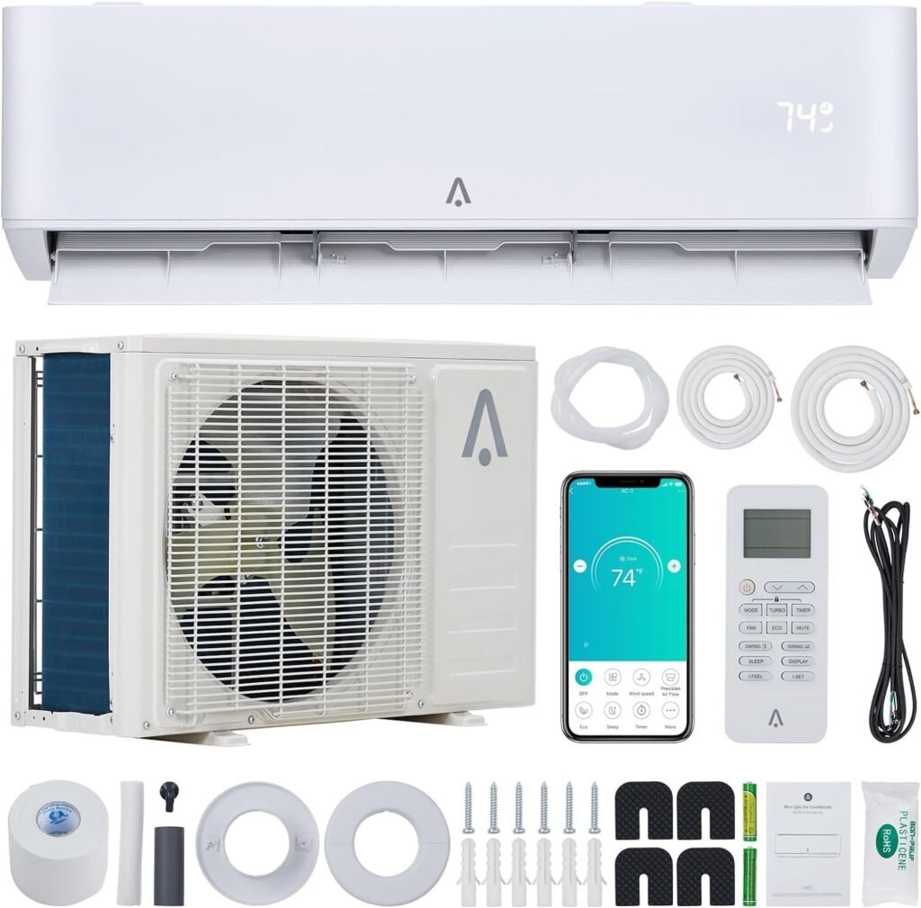 Split Air Conditioner 9,000 BTU, Split AC/Heating System 23 SEER Split-System Air Conditioner Inverter, Cools Up to 450 Sq. Ft, Wall Mount Ductless Mini Split A/C Heat Pump, Full Installation Kits