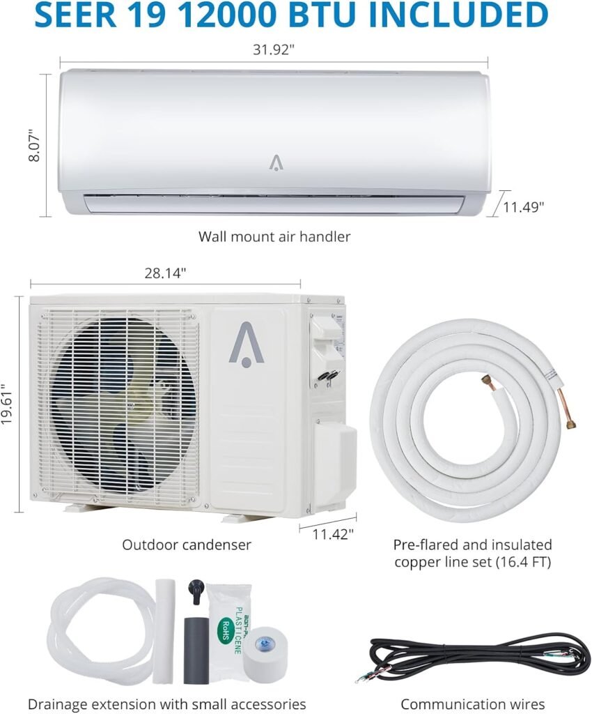 Zstar 12,000 BTU Mini Split AC, 19 SEER2 Wall Mounted AC with Heat Pump  Installation Kits, Ductless Inverter Split-System Air Conditioners Cools up to 550 Sq. Ft, WIFI and Remote Control, 115V