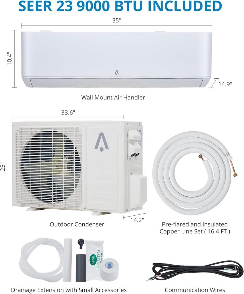 Zstar 9,000 BTU Mini Split Air Conditioner, 23 SEER2 Wi-Fi Mini Split Ac/heating System, Inverter Ductless Air Conditioner with Pre-Charged  Installation Kits, Cools Rooms up to 450 Sq. Ft, 115V