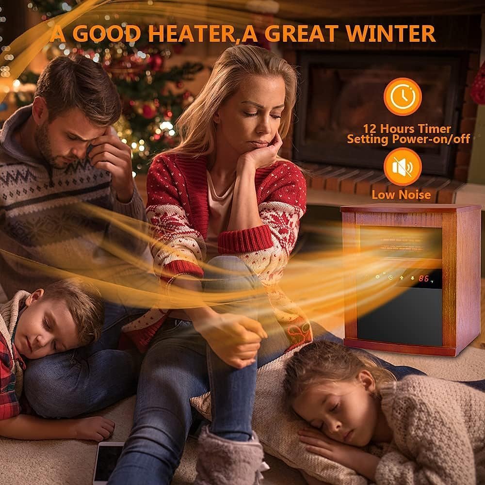 Air Choice Electric Space Heater, 1500W Infrared Heater w/ 3 Heating Mode, Thermostat, Remote Control  12h Timer, Small Portable Room Heaters for Indoor Use, Bedroom, Office, Living Room, Dark Walnut