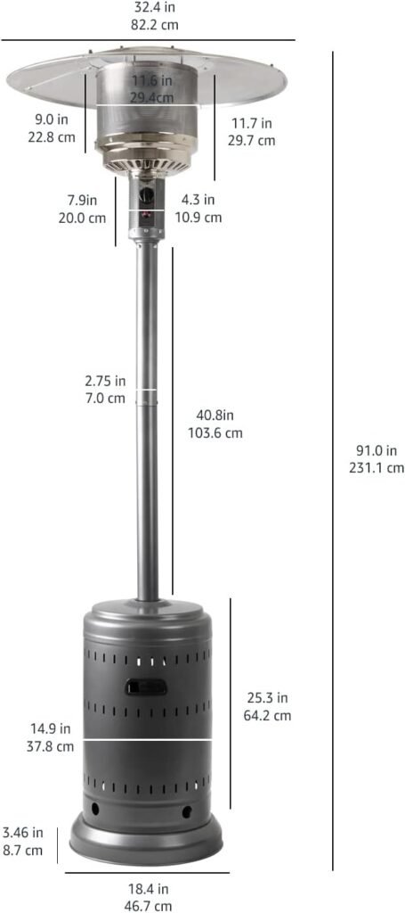 Amazon Basics 46,000 BTU Outdoor Propane Patio Heater with Wheels, Commercial  Residential, Slate Gray, 32.1 x 32.1 x 91.3 inches (LxWxH)