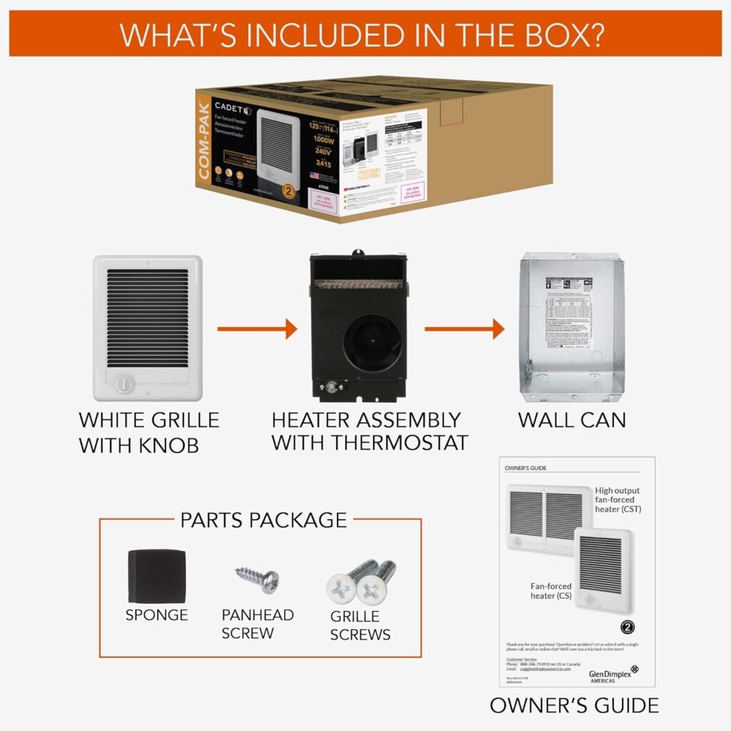 Cadet Com-Pak Electric Wall Heater Complete Unit With Thermostat (Model: CSC202TW, Part: 67507), 6825/5120 BTU, 240/208 Volt, 2000/1500 Watt, White