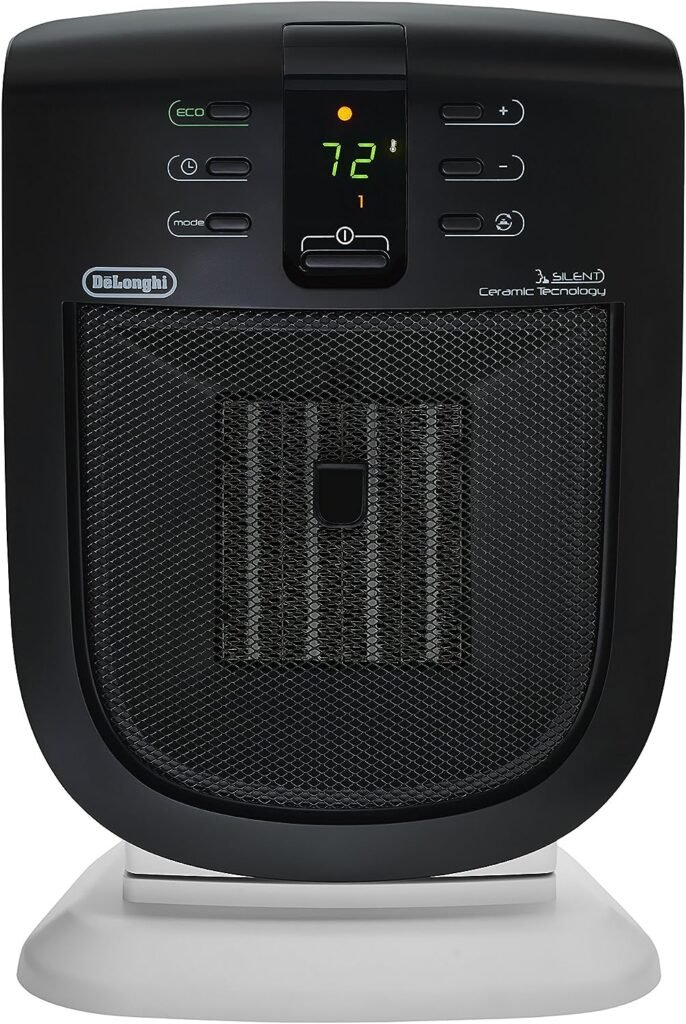 DeLonghi Ceramic Space Heater, 1500W Electric Space Heater for indoor use, offers fast heating for bedroom, office/desk, quiet technology, washable dust filter, fan only option, DCH5915ER