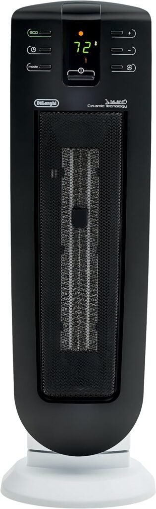 DeLonghi Ceramic Tower Space Heater, portable quiet 1500 Electric Space Heater for indoor use, timer, remote, ECO energy efficient, safety features, 24 inches tall, TCH7915ER