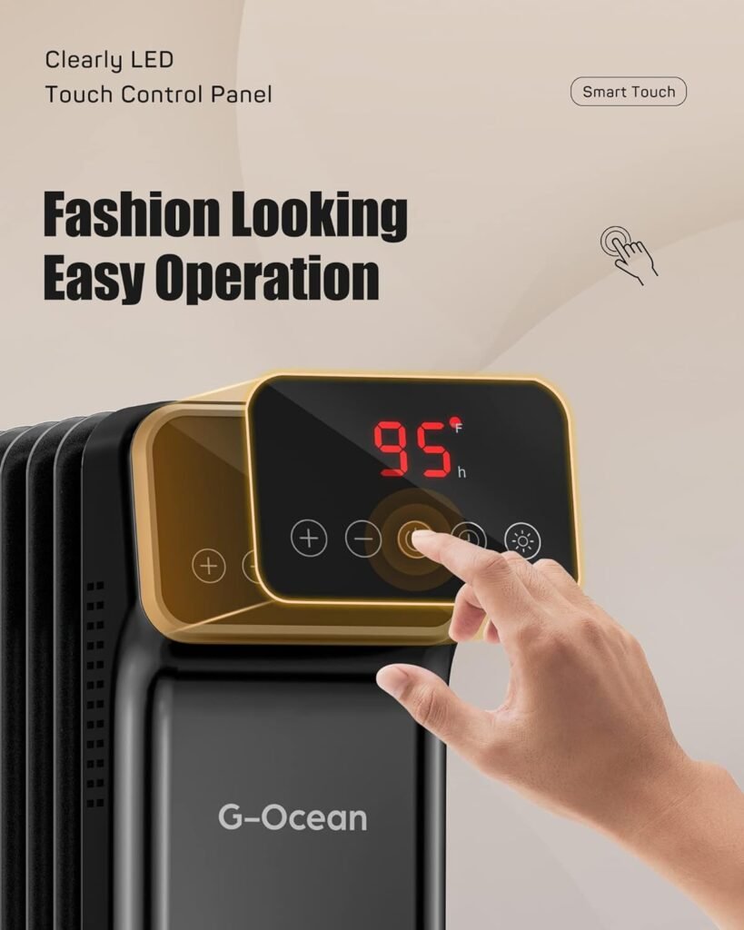 G-Ocean Oil Filled Radiator Heater, 1500W Electric Space Heaters for Indoor Use Large Room, 24.2H Quiet Radiant Heater with Remote, Digital Thermostat, 3 Modes, 24H Timer, Overheat Tip-Over Safety