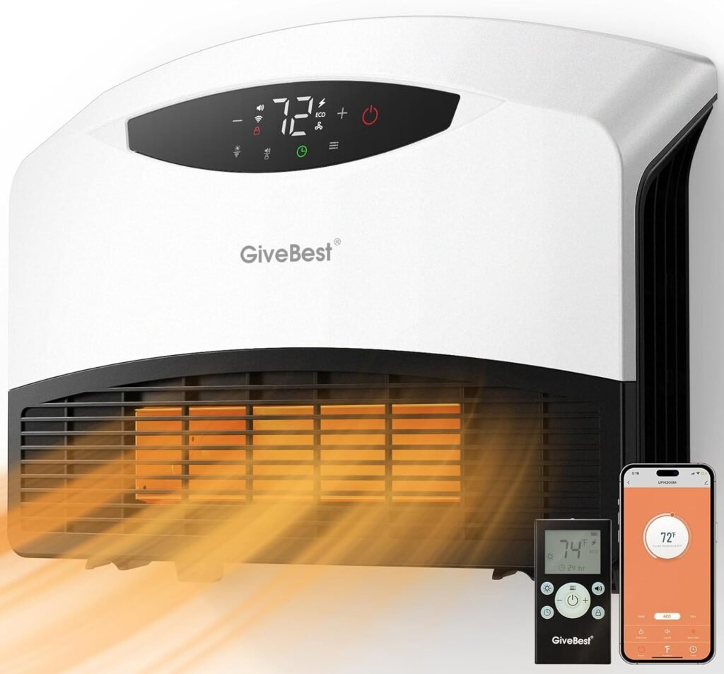 GiveBest Electric Wall Heater with WiFi and Remote Control, Floor or Wall Mounted Heater, Large Room Coverage, 3 Heating Modes, 1500W Fast Heating Wall Space Heater with Thermostat for Indoor Room Use