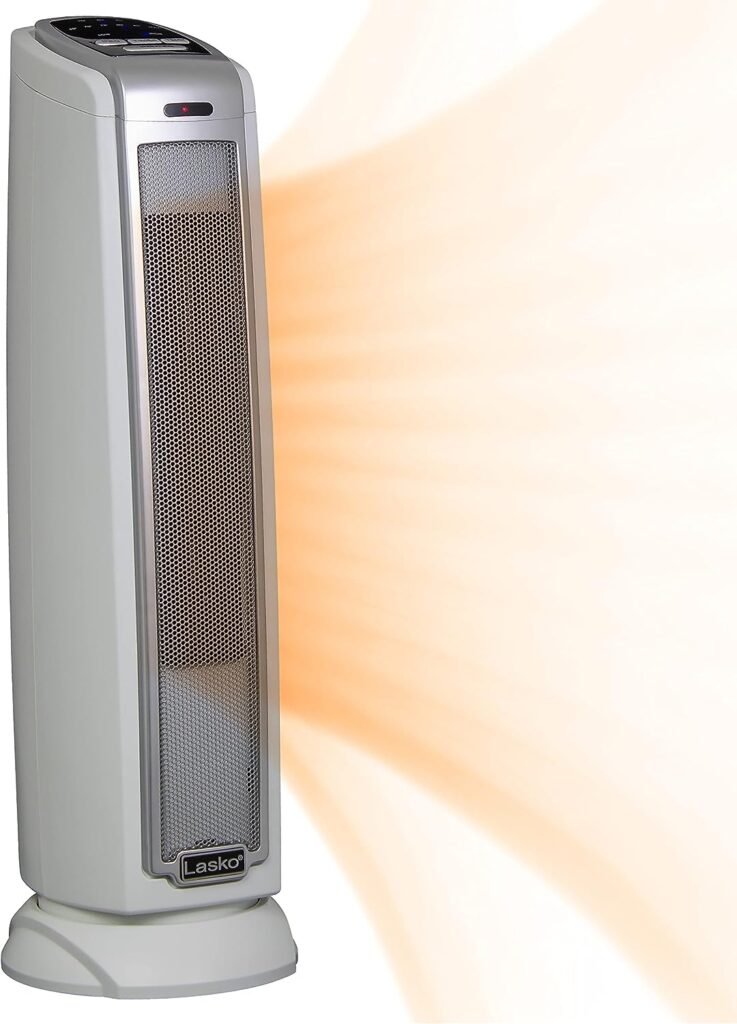 Lasko Oscillating Ceramic Tower Space Heater for Home with Overheat Protection, Timer, 22.5 Inches, Silver, 1500W, 5775, 7.5″L x 7.1″W x 22.75″H