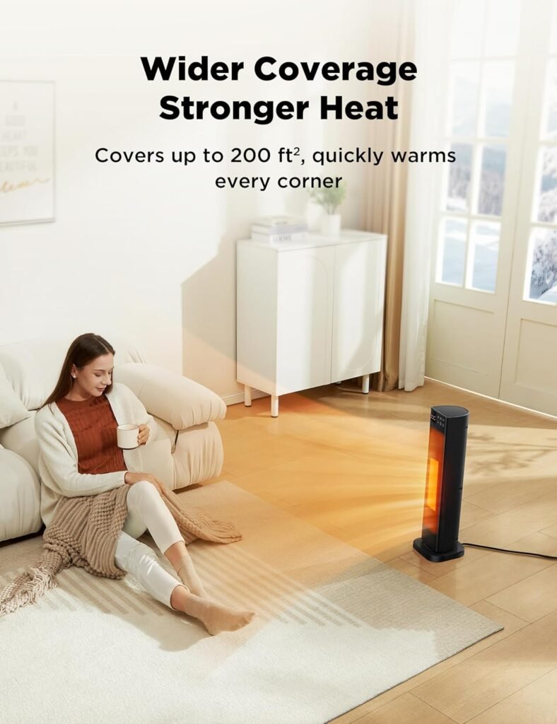 PELONIS 30” Ceramic Tower Space Heater with Adjustable Thermostat for Large Room, 75° Oscillation, Remote Control  12H Timer, Tip-Over Switch  Overheating Protection, 1500W, PHF15RSAPH30