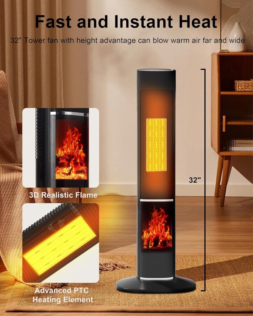 Uthfy 32 Space Heater for Large Room, 1500W Tower Heater With Flame for Indoor Use, Portable Electric Ceramic Heater With Thermostat, Remote, 70° Oscillation, 24 H Timer, 3 Modes, for Office, Bedroom