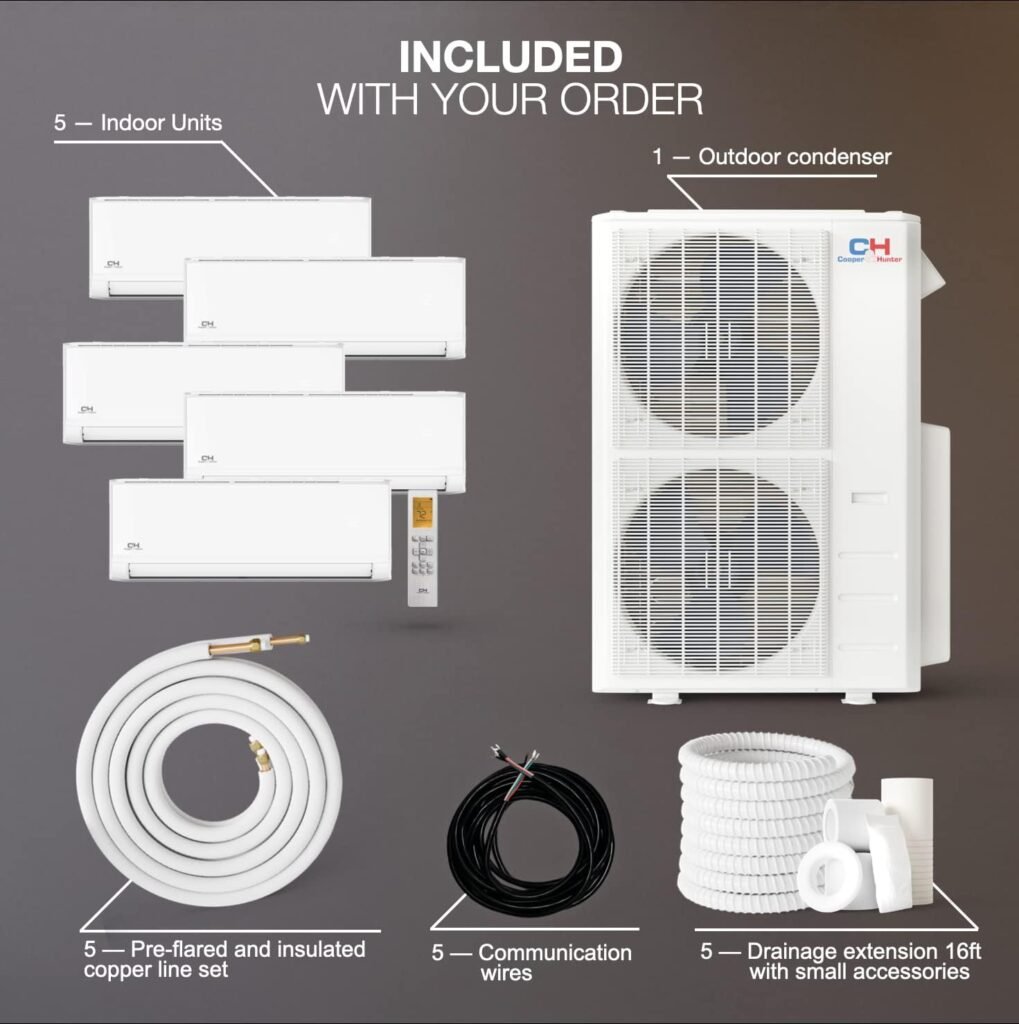 Cooper  Hunter 5 Zone 9000 9000 12000 12000 12000 BTU Multi Zone Ductless Mini Split Air Conditioner Heat Pump Full Set with 25ft Installation Kits