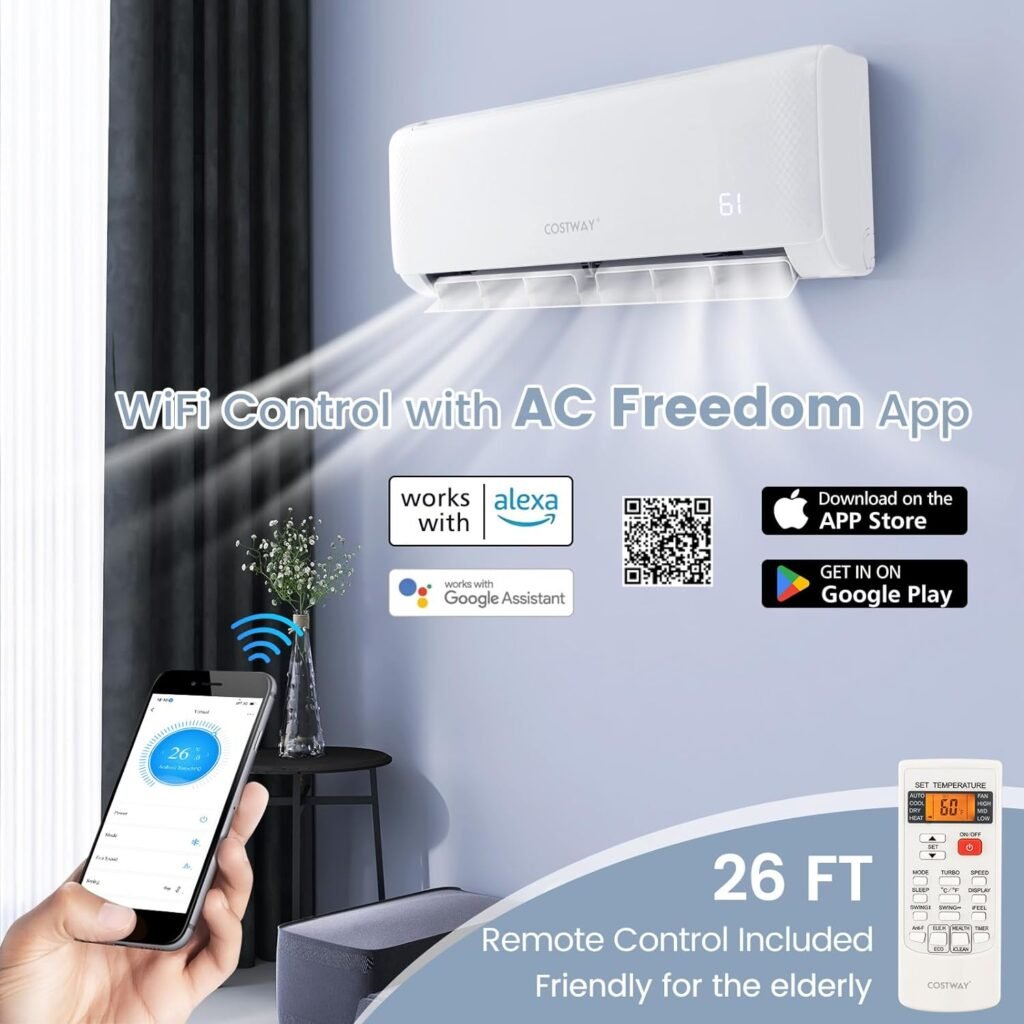 COSTWAY 22,000 BTU Mini Split Air Conditioner, with Remote/APP Control, Heat Pump, 21 SEER2 Inverter, 24H Timer, Auto Clean for Rooms up to 1500 Sq.Ft, 208-230V (22000BTU, 208-230V, 21 SEER2)