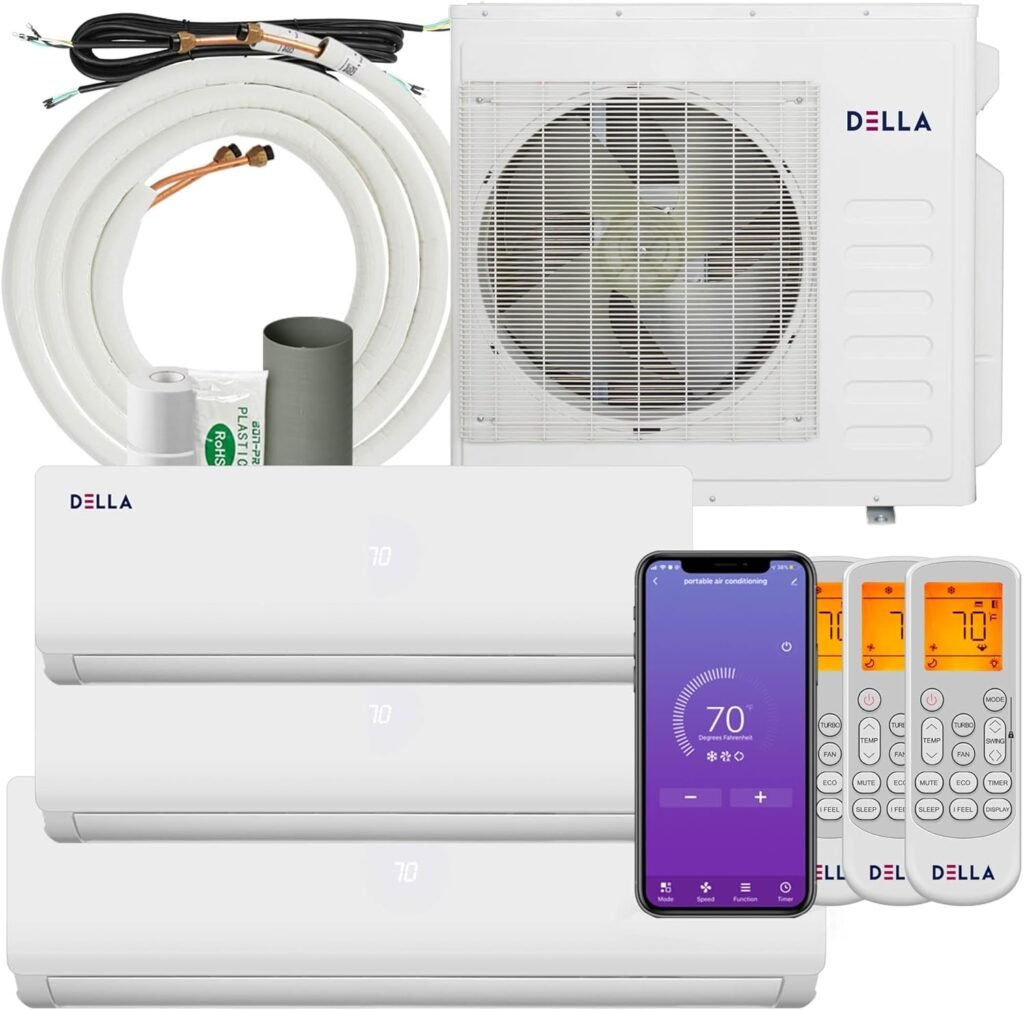 Della 36K BTU ODU Tri 3 Zone 9K 9K 18K BTU 19 SEER2 208-230V Cools Up to 1800 Sq.Ft Wifi Energy Efficient Multi Zone Ductless Mini Split Air Conditioner Pre-Charged Heat Pump Full Set