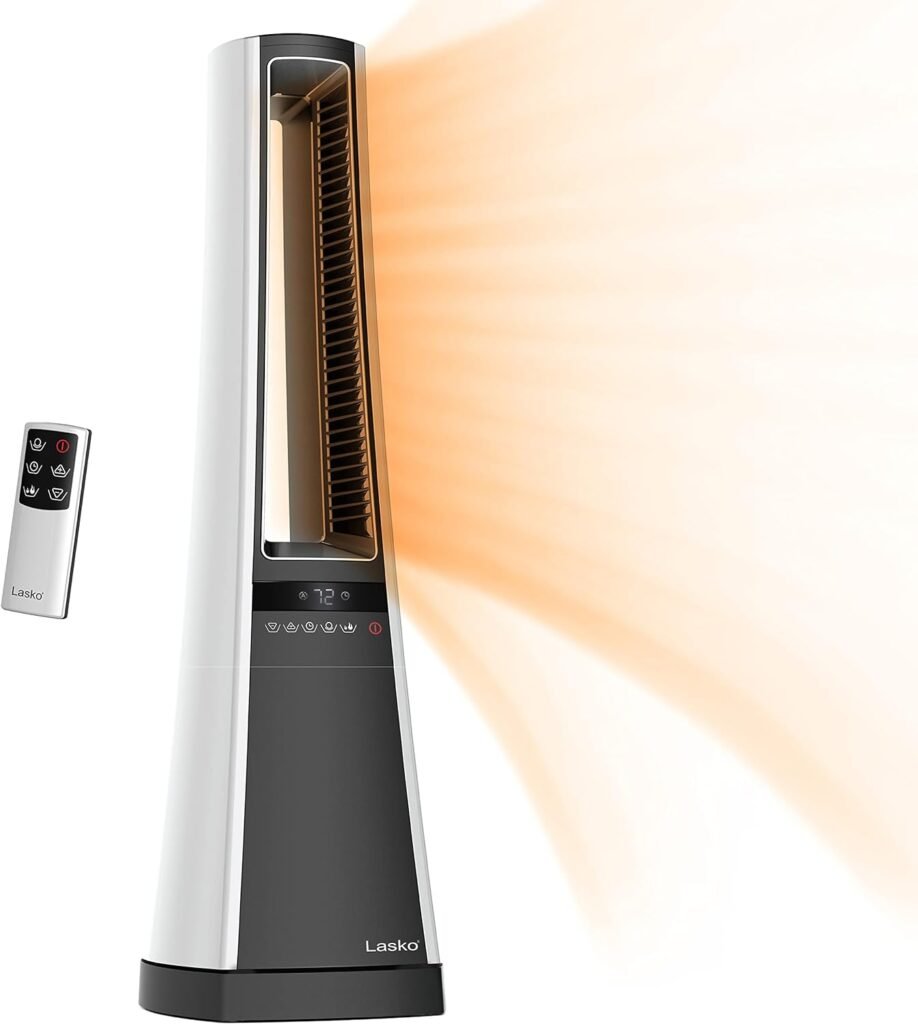 Lasko Oscillating Bladeless Ceramic Tower Space Heater for Home with Enhanced Safety, Adjustable Thermostat, Filter, Timer and Remote Control, 27 Inches, Silver, 1500W, AW300